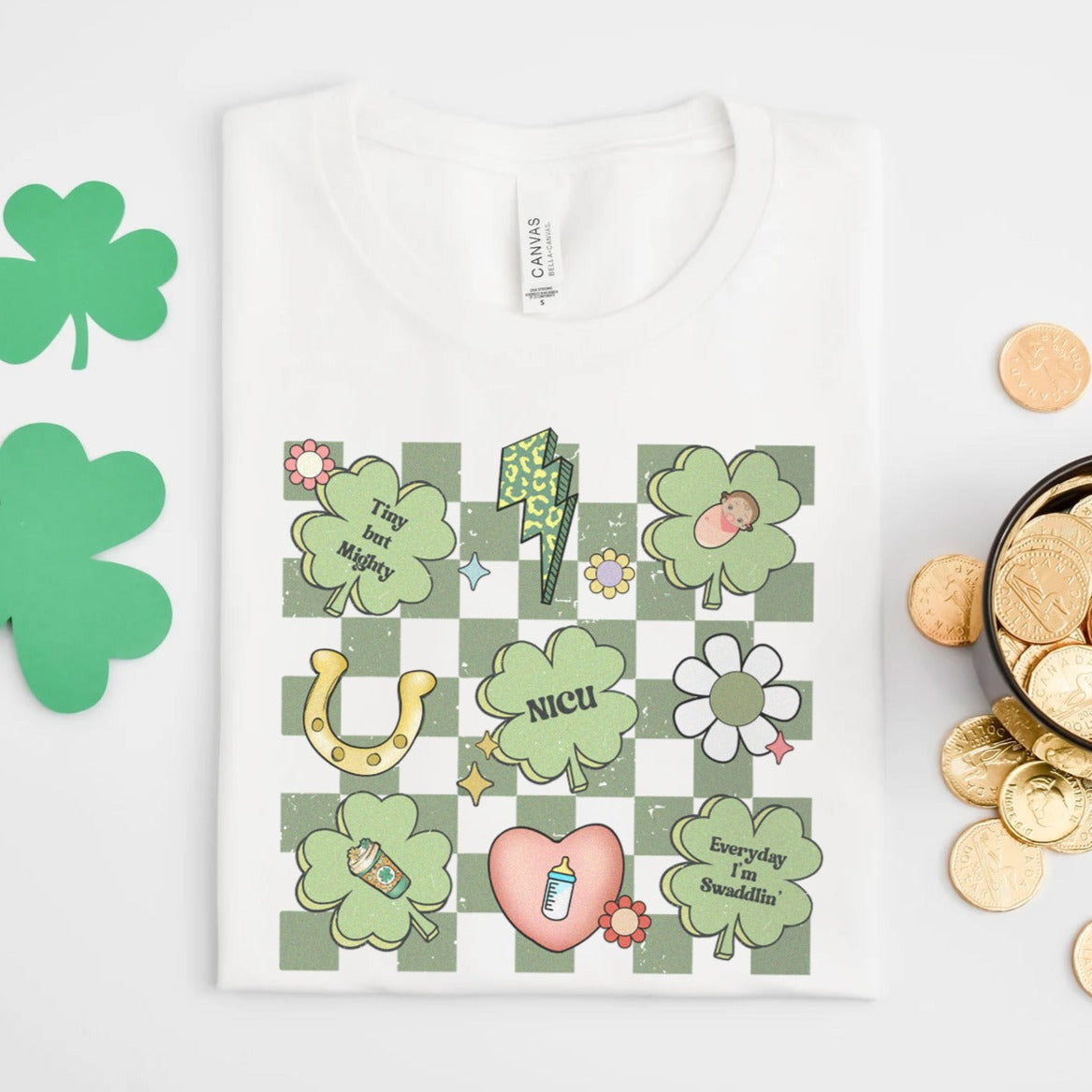 retrostpatricknicuwhite Checkered NICU St Patrick's Day T-Shirt - Image 1